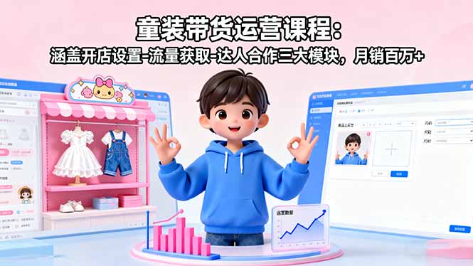童装带货运营课程:涵盖开店设置-流量获取-达人合作三大模块,月销百万+-蓝海云网创