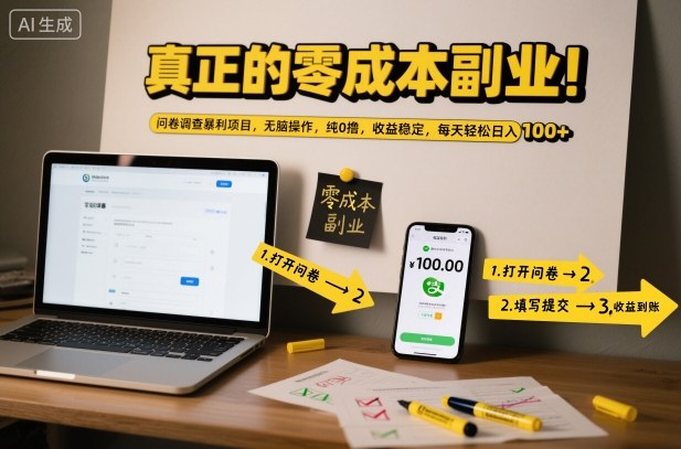 真正的零成本副业！问卷调查暴利项目，无脑操作，纯0撸，收益稳定，每天轻松日入100+【揭秘】-蓝海云网创