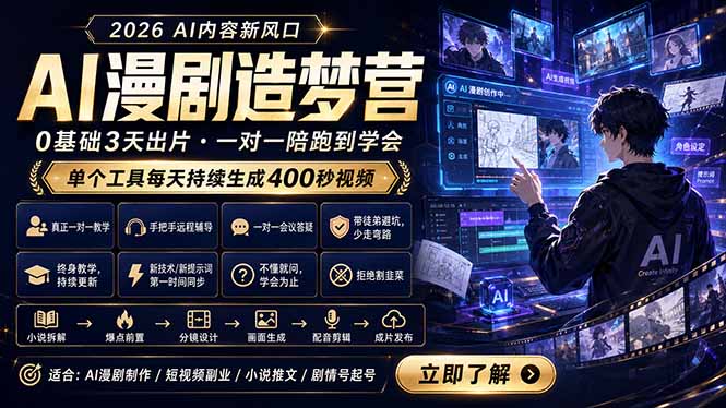 AI漫剧造梦营：0基础3天出片，单个工具每天持续生成400秒视频-蓝海云网创