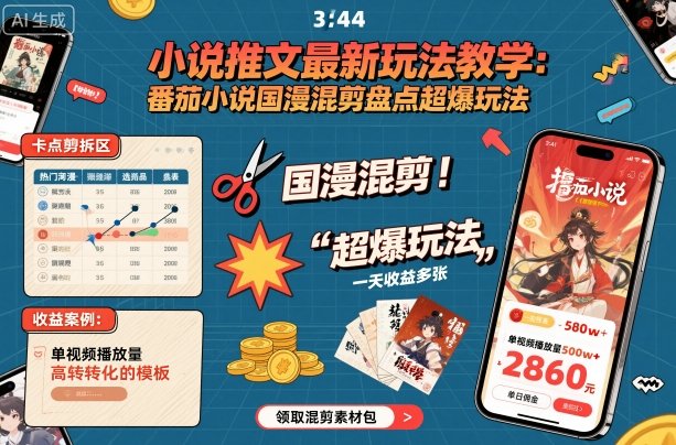 小说推文最新玩法教学，番茄小说国漫混剪盘点超爆玩法，全程干货，一天收益多张-蓝海云网创