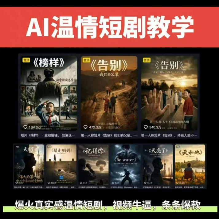 抖音58W粉丝博主的AI温情短剧玩法，条条爆款，伙伴计划+精选独家收益，商单收徒等(更新6月)-蓝海云网创