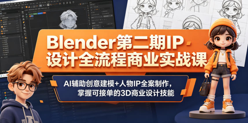 Blender第二期IP设计全流程商业实战课，AI辅助创意建模+人物IP全案制作，掌握可接单的3D商业设计技能-蓝海云网创