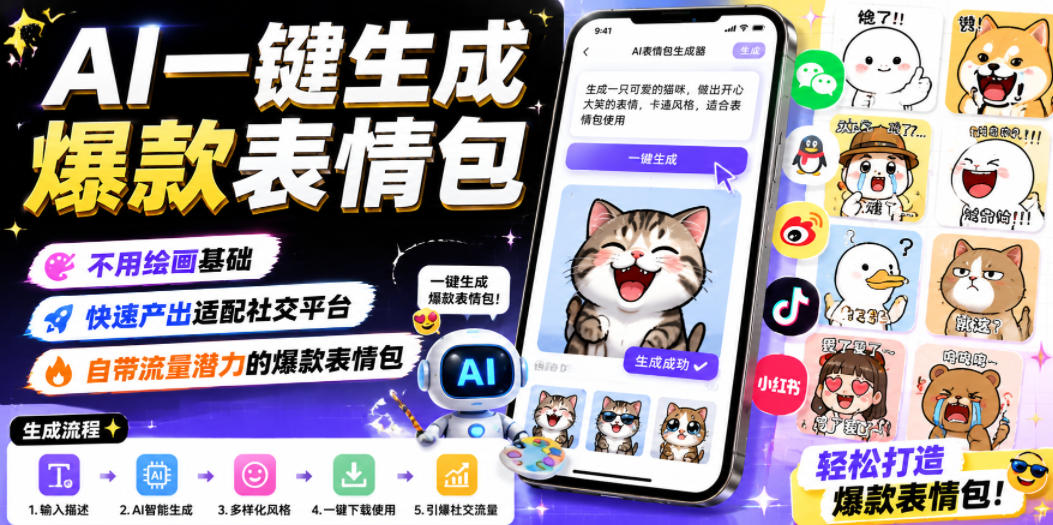 AI一键生成爆款表情包，不用绘画基础，快速产出适配社交平台，自带流量潜力的爆款表情包-蓝海云网创