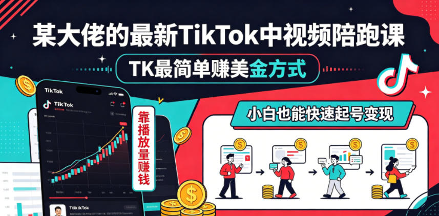 某大佬的最新TikTok中视频陪跑课，TK最简单賺美金方式，靠播放量賺钱，小白也能快速起号变现-蓝海云网创