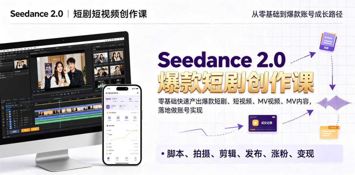 Seedance 2.0短剧短视频创作课，零基础快速产出爆款短剧、短视频、MV内容，落地做账号实现变现-蓝海云网创