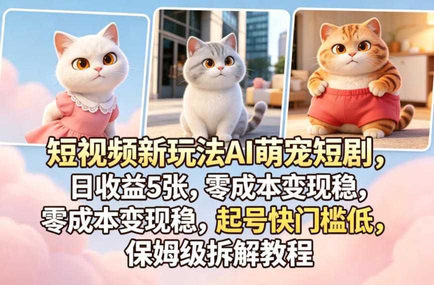 短视频新玩法AI萌宠短剧，日收益5张，零成本变现稳，起号快门槛低，保姆级拆解教程-蓝海云网创