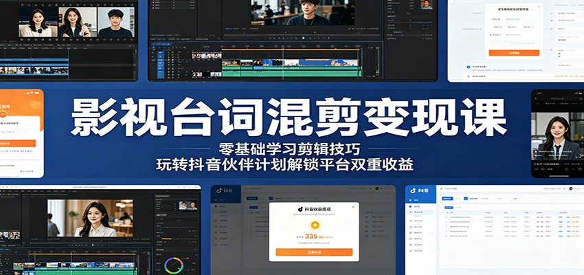 影视台词混剪变现课：零基础学习剪辑技巧，玩转抖音伙伴计划解锁平台双重收益-蓝海云网创