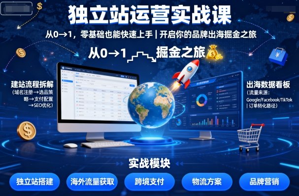 独立站运营实战课，从0到1，零基础也能快速上手，开启你的品牌出海掘金之旅-蓝海云网创