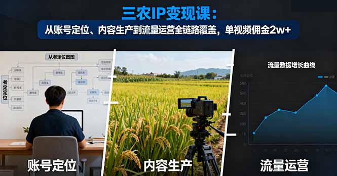 三农IP变现课:从账号定位、内容生产到流量运营全链路覆盖,单视频佣金2w+-蓝海云网创