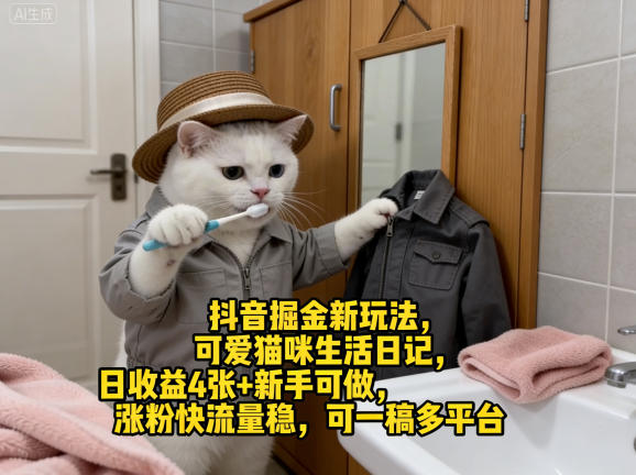 抖音掘金新玩法,可爱猫咪生活日记,日收益4张+新手可做,涨粉快流量稳,可一稿多平台-蓝海云网创