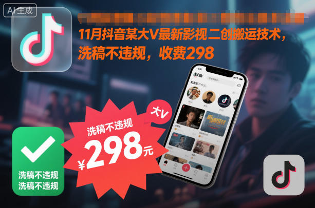 11月抖音某大V最新影视二创搬运技术，洗稿不违规，收费298-蓝海云网创