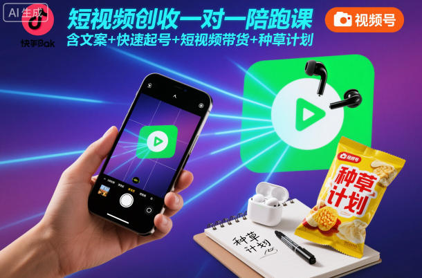 短视频创收一对一陪跑课，含文案+快速起号+短视频带货+种草计划-蓝海云网创