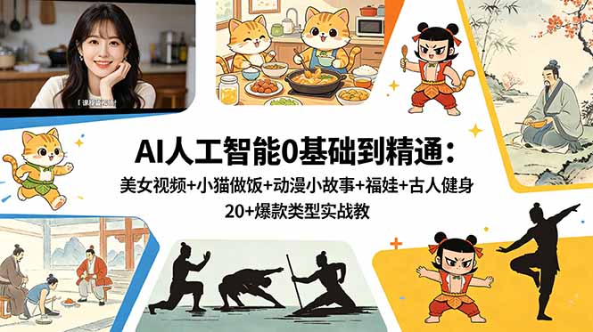 AI人工智能0基础到精通：美女视频+小猫做饭+动漫小故事+福娃+古人健身，20+爆款类型实战教学-蓝海云网创