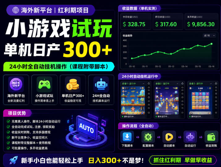 海外新平台，小游戏试玩，单机日产300+，24小时全自动挂G操作(课程附带脚本)【揭秘】-蓝海云网创