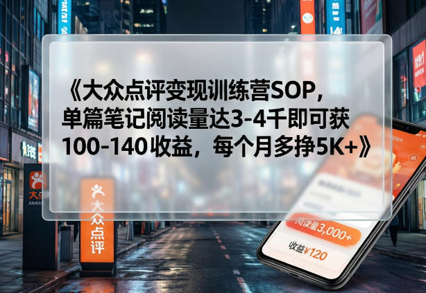 大众点评变现训练营SOP，单篇笔记阅读量达3-4千即可获100-140收益，每个月多挣5K+-蓝海云网创