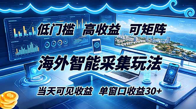 海外智能采集玩法，低门槛高单价可矩阵，当天可见收益，单窗口30+-蓝海云网创