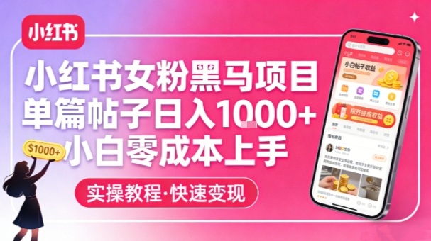 小红书女粉黑马项目，单篇帖子日入1k+，小白零成本上手-蓝海云网创