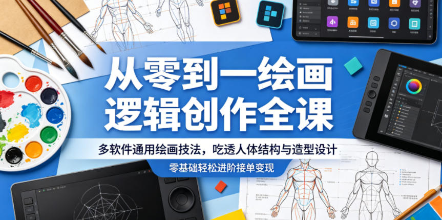 从零到一绘画逻辑创作全课，多软件通用绘画技法，吃透人体结构与造型设计，零基础轻松进阶接单变现-蓝海云网创