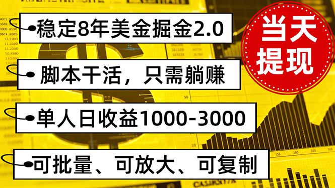 稳定8年美金掘金2.0脚本干活，只需躺赚。单人日收益1000-3000可批量、…-蓝海云网创