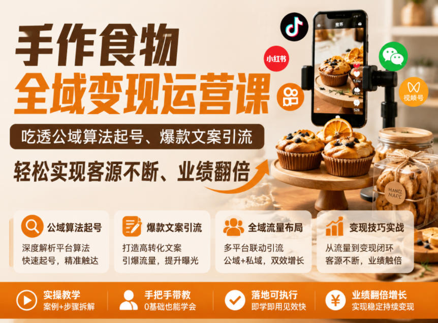 手作食物全域变现运营课，吃透公域算法起号、爆款文案引流，轻松实现客源不断、业绩翻倍-蓝海云网创