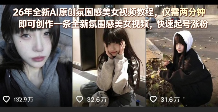 26年全新AI原创氛围感美女视频教程，仅需两分钟即可创作一条全新氛围感美女视频，快速起号涨粉-蓝海云网创