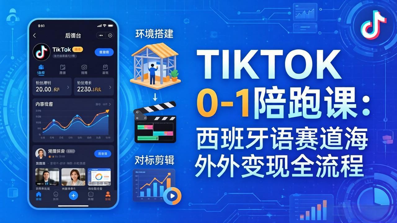 TIKTOK 0-1 陪跑课：从环境搭建到刷对标剪辑，西班牙语赛道海外变现全流程-蓝海云网创