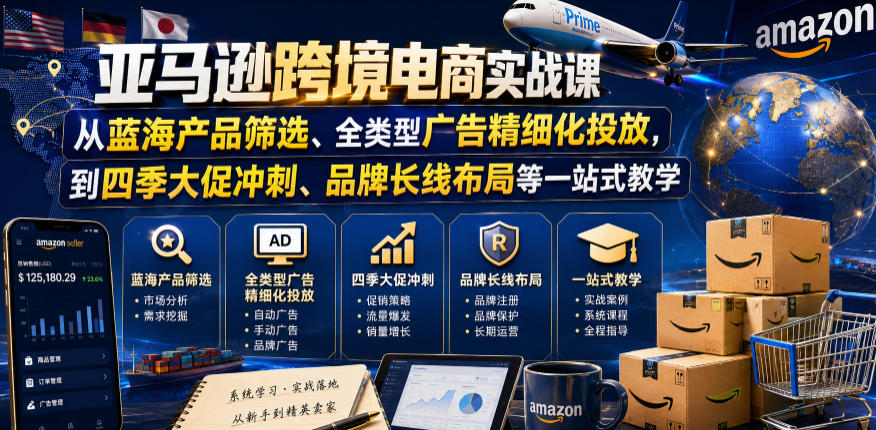 亚马逊跨境电商实战课，从蓝海产品筛选、全类型广告精细化投放，到四季大促冲刺、品牌长线布局等一站式教学(更新6月)-蓝海云网创