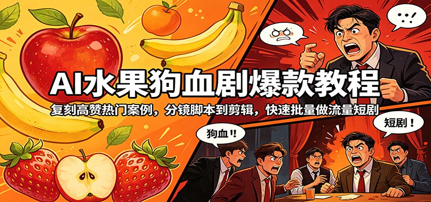AI水果狗血剧爆款教程：复刻高赞热门案例，分镜脚本到剪辑，快速批量做流量短剧-蓝海云网创