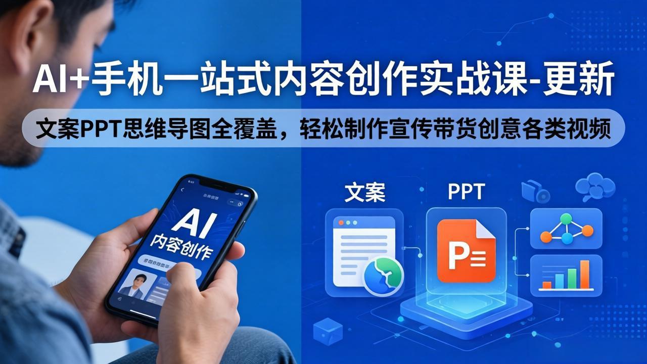 AI+手机一站式内容创作实战课-更新，文案PPT思维导图全覆盖，轻松制作宣传带货创意各类视频-蓝海云网创
