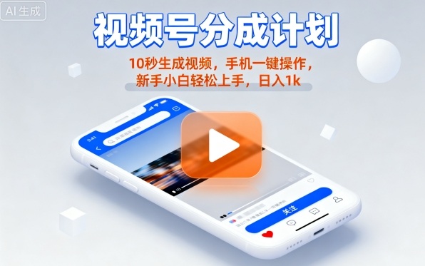 视频号分成计划懒人玩法，10秒生成视频，手机一键操作，新手小白轻松上手，日入1K【揭秘】-蓝海云网创
