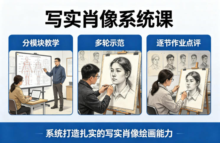 写实肖像系统课，全程分模块教学+多轮示范+逐节作业点评，系统打造扎实的写实肖像绘画能力-蓝海云网创