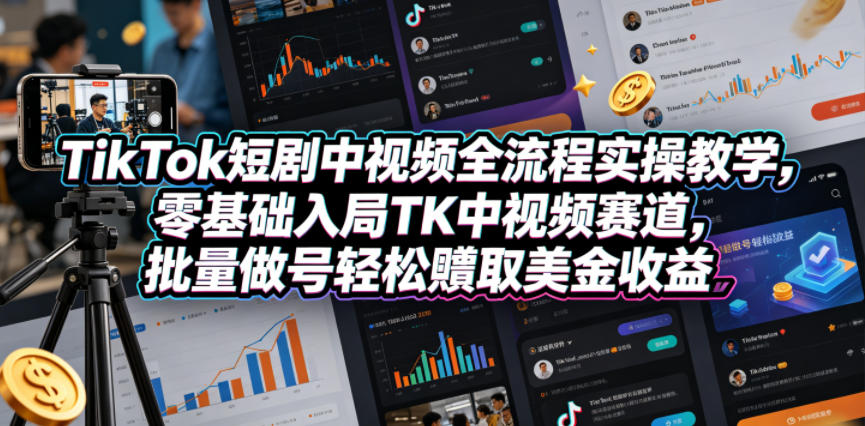 TikTok短剧中视频全流程实操教学，零基础入局TK中视频赛道，批量做号轻松賺取美金收益-蓝海云网创