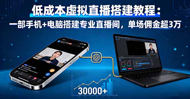 低成本虚拟直播搭建教程:一部手机+电脑搭建专业直播间,单场佣金超3万-蓝海云网创