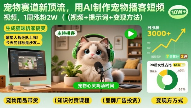 宠物赛道新顶流，用AI制作宠物播客短视频，1周涨粉2W(视频+提示词+变现方法)-蓝海云网创