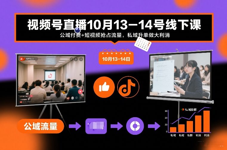 视频号直播10月13-14号线下课，公域付费+短视频抢占流量，私域升单做大利消-蓝海云网创