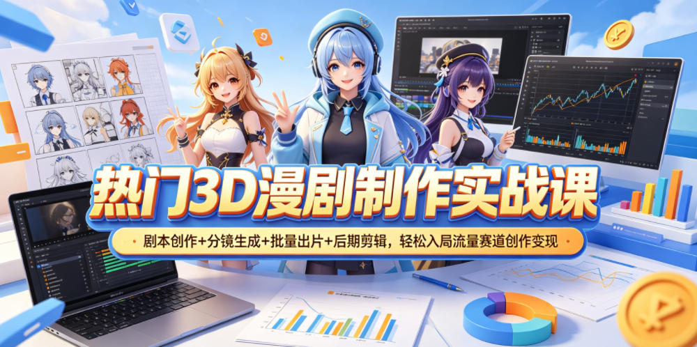 热门3D漫剧制作实战课，剧本创作+分镜生成+批量出片+后期剪辑，轻松入局流量赛道创作变现-蓝海云网创