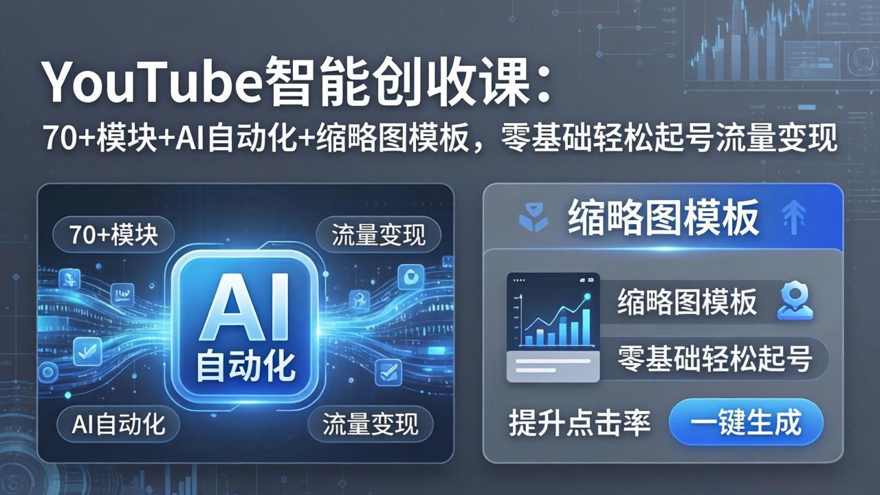 YouTube智能创收课：70+模块+AI自动化+缩略图模板，零基础轻松起号流量变现-蓝海云网创