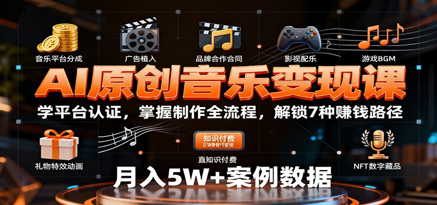 AI原创音乐变现课：学平台认证，掌握制作全流程，解锁7种赚钱路径-蓝海云网创