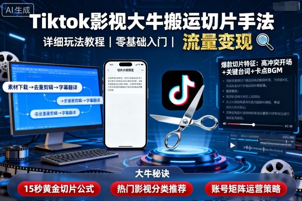 Tiktok影视大牛搬运切片手法，详细玩法教程-蓝海云网创