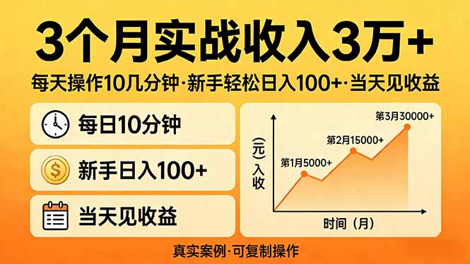 3个月实战收入3万+，每天操作10几分钟，新手轻松日入100+，当天见收益-蓝海云网创