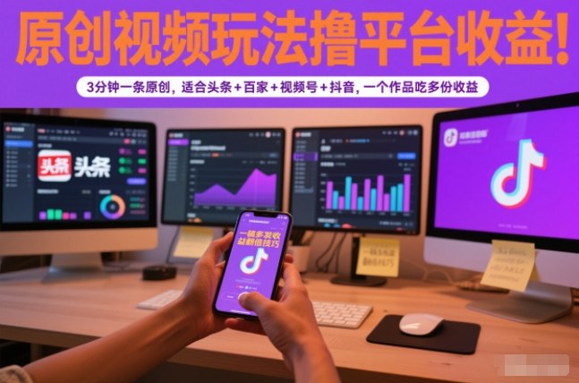 原创视频玩法撸平台收益，3分钟一条原创，适合头条+百家+视频号+抖音，一个作品吃多份收益-蓝海云网创