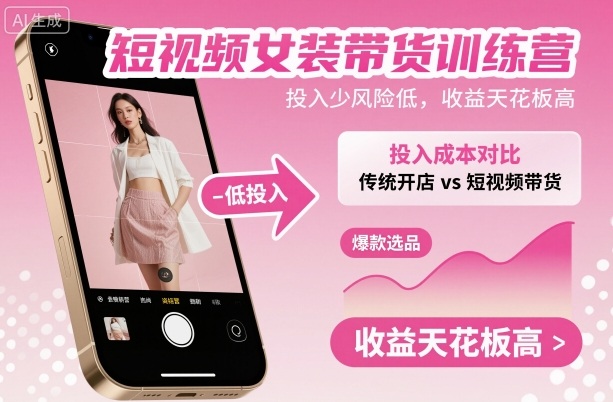 短视频女装带货训练营，投入少风险低，收益天花板高-蓝海云网创