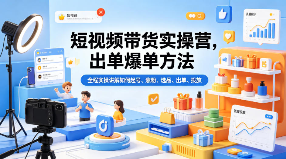 短视频带货实操营，出单爆单方法，全程实操讲解如何起号、涨粉、选品、出单、投放-蓝海云网创