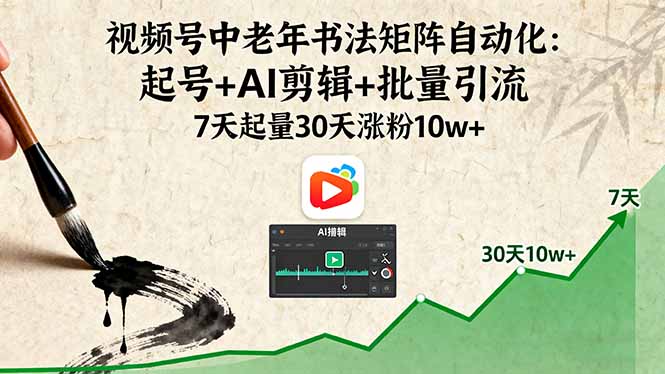 视频号中老年书法矩阵自动化：起号+AI剪辑+批量引流 7天起量30天涨粉10w+-蓝海云网创