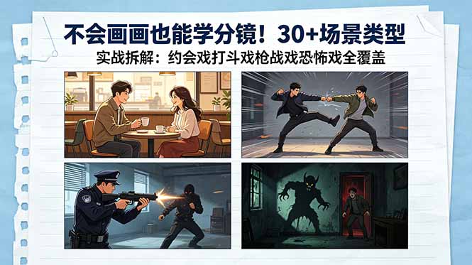 不会画画也能学分镜！30+场景类型实战拆解：约会戏打斗戏枪战戏恐怖戏全覆盖-蓝海云网创