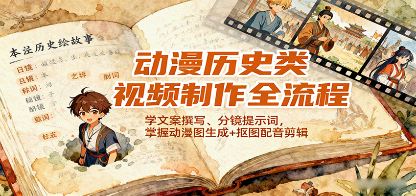 动漫历史类视频制作全流程，学文案撰写、分镜提示词，掌握动漫图生成+抠图配音剪辑-蓝海云网创