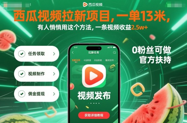 西瓜视频拉新项目，一单13米，有人悄悄用这个方法，一条视频收益2.5w+(附详细教程)-蓝海云网创