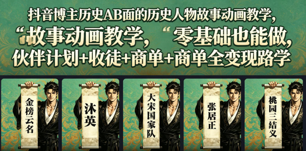 抖音博主历史AB面的历史人物故事动画教学，零基础也能做，伙伴计划+收徒+商单全变现路径教学-蓝海云网创