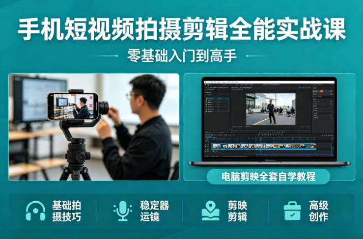 手机短视频拍摄剪辑全能实战课：零基础入门到高手，稳定器运镜+电脑剪映全套自学教程-蓝海云网创