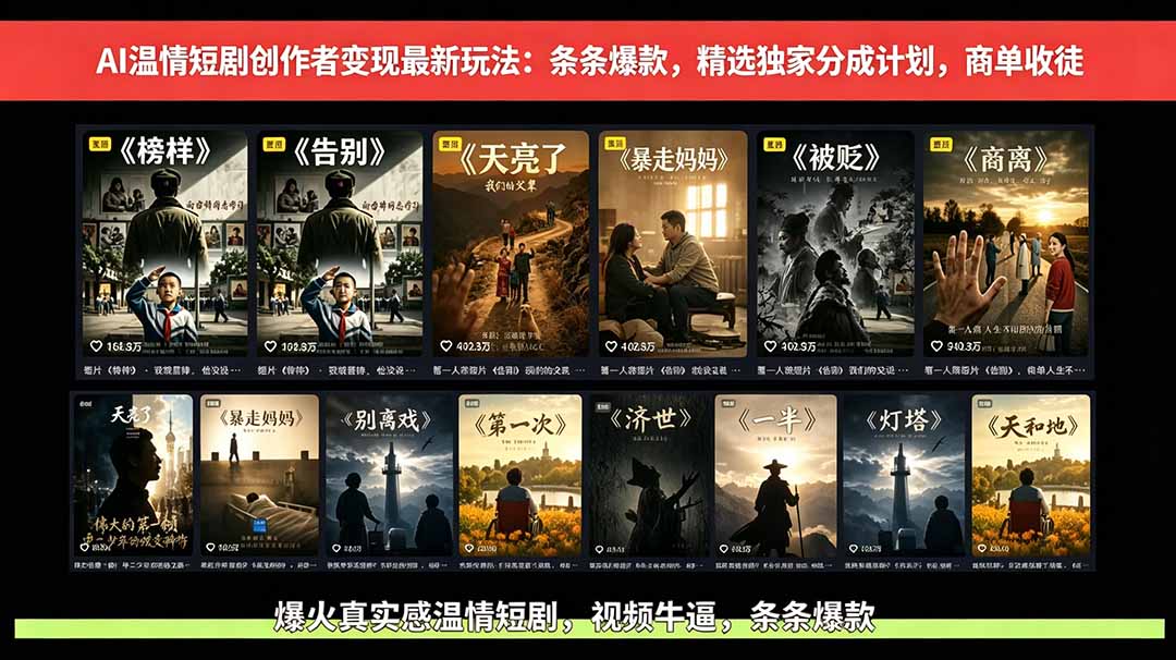 AI温情短剧创作者变现最新玩法：视频牛逼，条条爆款，精选独家分成计划，商单收徒-蓝海云网创